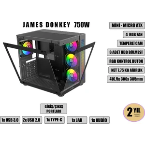 James Donkey Stark S800 4xargb Temperli Cam 750W 80+ Bronze Atx Siyah Gaming (Oyuncu) Kasa
