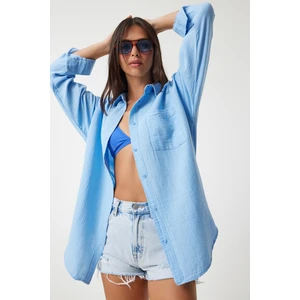 Oversize Basic Müslin Gömlek Gök Mavi LMX0002