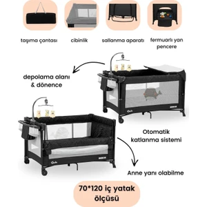Beskar Anne Yanı Sallanır Cibinlikli Dönenceli Alt Açmalı Oyun Parkı Park Yatak Bebek Beşiği 70X120 CM