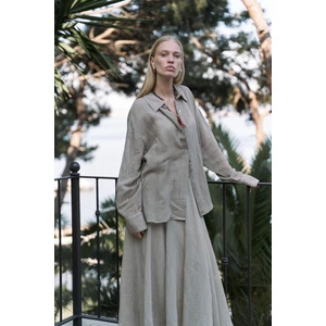 Calynn Sırt Dekolteli Çizgili Haki Keten Gömlek