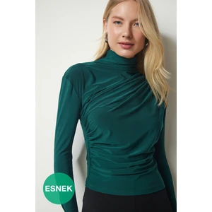 Happiness İstanbul Büzgü Detaylı Sandy Bluz Koyu Yeşil LFF0001