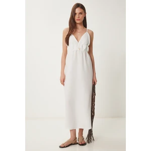 Happiness İstanbul Sırt Dekolteli Yazlık Poplin Elbise Kemik LDP0043