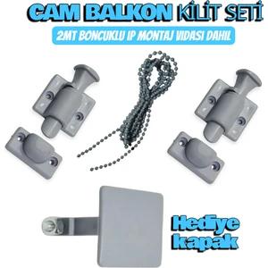 Cam Balkon Kilidi 2'li Set + Gri Çıkış Kapağı Hediyeli | 2 Metre Boncuklu Ip Dahil