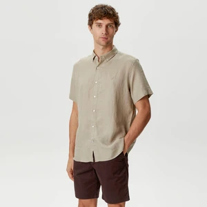 Erkek Bej Classic Fit Kısa Kollu Keten Gömlek