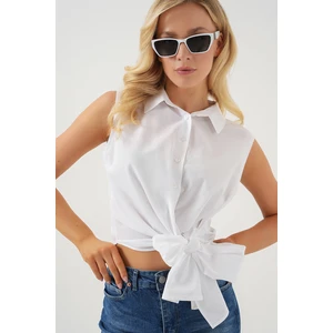 Kadın Sıfır Kol Önü Bağlamalı Gömlek 20340 - Beyaz