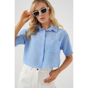 Kadın Kısa Kol Crop Gömlek 20341 - Mavi