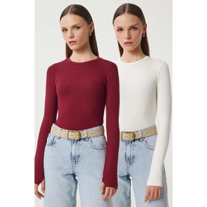 2' Li Paket Bisiklet Yaka Parmak Geçmeli Basic Örme Bluz Ekru Bordo LCR0011