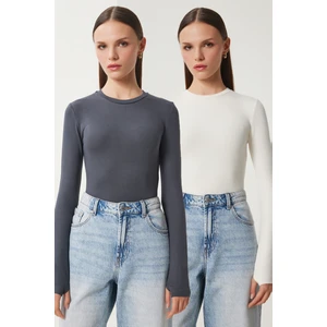 2' Li Paket Bisiklet Yaka Parmak Geçmeli Basic Örme Bluz Ekru Antrasit LCR0011