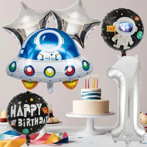 1 Yaş Uzay Temalı Doğum Günü Seti Uzay Folyo Şekiller Gümüş Folyo Rakam