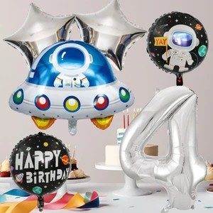 4 Yaş Uzay Temalı Doğum Günü Seti Uzay Folyo Şekiller Gümüş Folyo Rakam