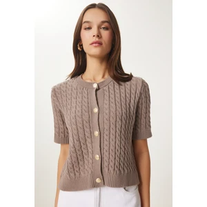 Bisiklet Yaka Saç Örgülü Triko Hırka LUS0047 VİZON