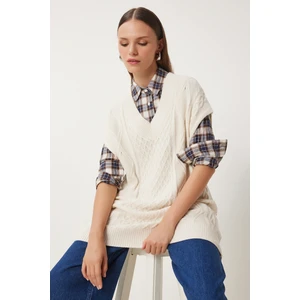 V Yaka Motifli Uzun Triko Süveter LNV0007 KREM