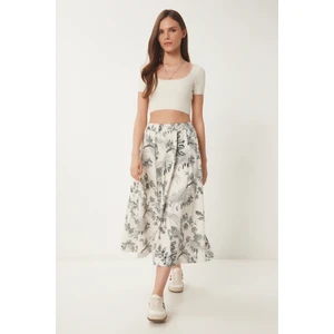 Desenli Kloş Yazlık Midi Etek Krem Siyah LCR0071