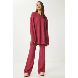 Rahat Fitilli Örme Bluz Pantolon Takım LRG0014 KIRMIZI