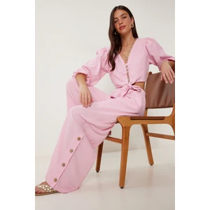 Keten Crop Bluz Pantolon Takım