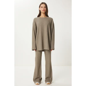 Rahat Fitilli Örme Bluz Pantolon Takım LRG0014 VİZON