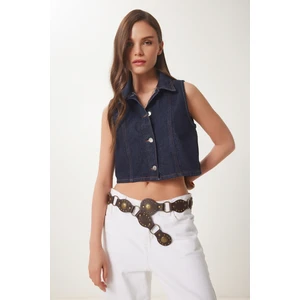 Polo Yaka Crop Denim Yelek
