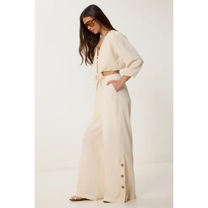 Keten Crop Bluz Pantolon Takım