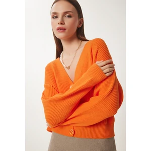 V Yaka Düğmeli Triko Hırka LMX0066 ORANJ