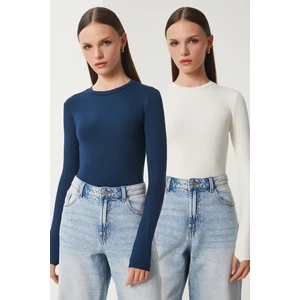 2' Li Paket Bisiklet Yaka Parmak Geçmeli Basic Örme Bluz Ekru Lacivert LCR0011