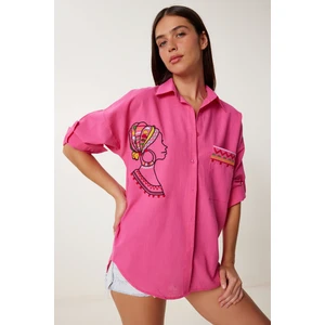 Nakış Detaylı Oversize Keten Gömlek LDE0007 PEMBE