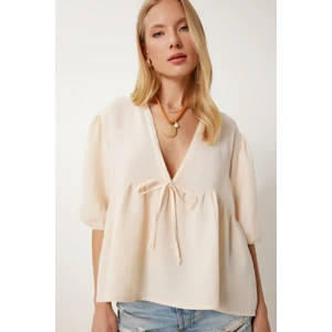 V Yaka Bağlama Detaylı Volanlı Müslin Bluz LAN0032 KREM