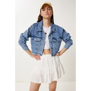Püskül Detaylı Denim Crop Ceket LAN0014 AÇIK MAVİ