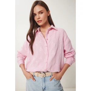 Nakış İşlemeli Müslin Gömlek LHF0022 PEMBE