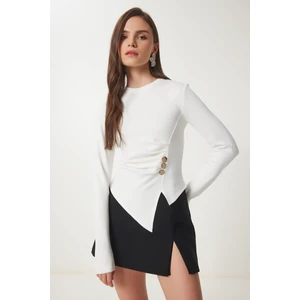 Düğmeli Büzgülü Asimetrik Kesim Örme Bluz LFW0001 KEMİK
