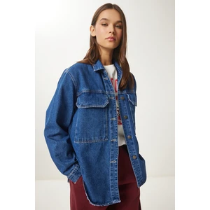 Geniş Cepli Oversize Denim Ceket LAN0031 KOYU MAVİ