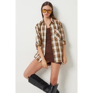 Kareli Oversize Dokuma Gömlek LXR0004 EKRU SARI