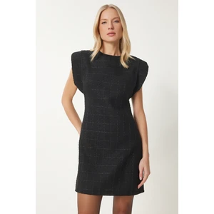 Vatkalı Mini Tüvit Dokuma Elbise LWF0023 SİYAH
