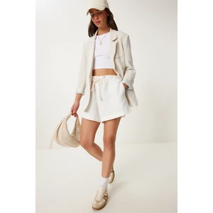 Kruvaze Yaka Düğmeli Keten Blazer Ceket LNS0062 BEJ