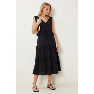 V Yaka Volanlı Keten Elbise LYY0089 SİYAH