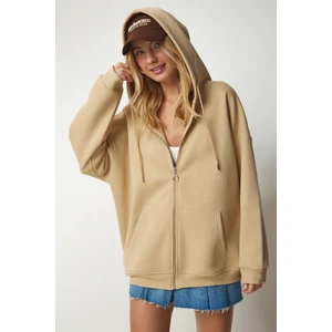 Kapüşonlu Fermuarlı Oversize Sweatshirt LUB0002 CAMEL