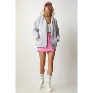 Kapüşonlu Fermuarlı Oversize Sweatshirt LUB0002 GRİ