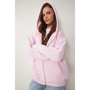 Kapüşonlu Fermuarlı Oversize Sweatshirt LUB0002 ŞEKER PEMBE