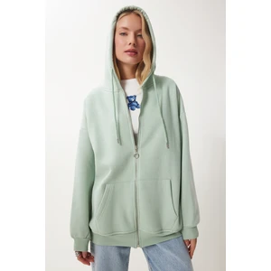 Kapüşonlu Fermuarlı Oversize Sweatshirt LUB0002 SU YEŞİLİ
