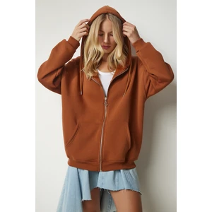Kapüşonlu Fermuarlı Oversize Sweatshirt LUB0002 KİREMİT