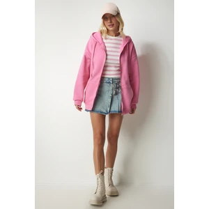 Kapüşonlu Fermuarlı Oversize Sweatshirt LUB0002 PEMBE
