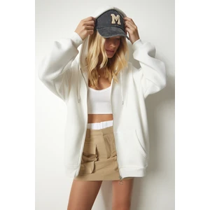 Kapüşonlu Fermuarlı Oversize Sweatshirt LUB0002 EKRU