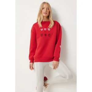 Kalp Nakışlı Şardonlu Sweatshirt LOW0018 KIRMIZI