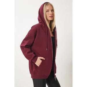Kapüşonlu Fermuarlı Oversize Sweatshirt LUB0002 BORDO