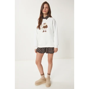 Ayıcık Armalı Şardonlu Örme Sweatshirt LWE0001 KIRIK BEYAZ