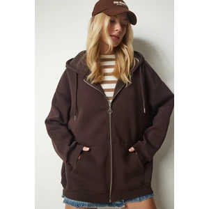 Kapüşonlu Fermuarlı Oversize Sweatshirt LUB0002 KAHVERENGİ