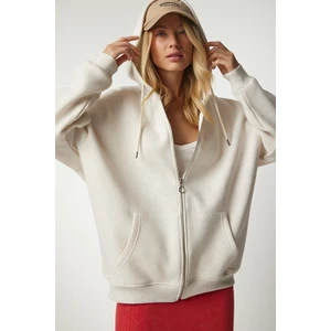 Kapüşonlu Fermuarlı Oversize Sweatshirt LUB0002 KREM
