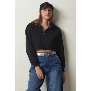 Fermuarlı Şardonlu Crop Örme Sweatshirt LHF0011 SİYAH