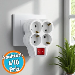 Grup Priz Golyat Düğmeli Fiş Kablosuz Açma Kapamalı Anahtarlı Topraklı Çoklu Çoğaltıcı 4'lü Beyaz