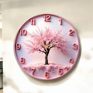 Pembe Renkli Baskı Ağaç Doğa Desenli Sayılı Hediyelik Ahşap Sessiz Duvar Saati 45CM