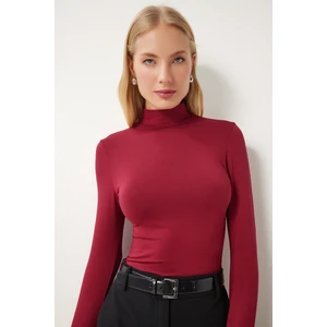 Dik Yaka Saran Esnek Örme Bluz LUB0013 BORDO